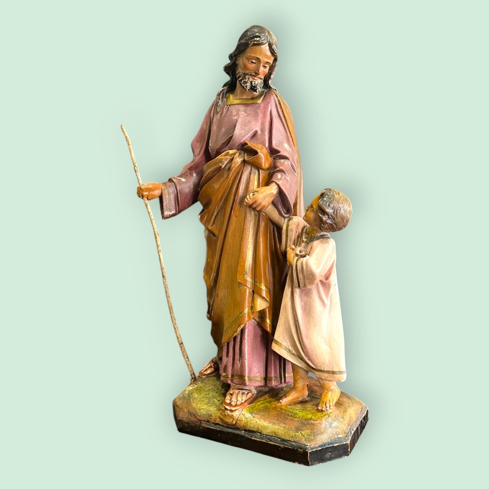 Figura de San José con Niño Jesús en pasta de madera pintada